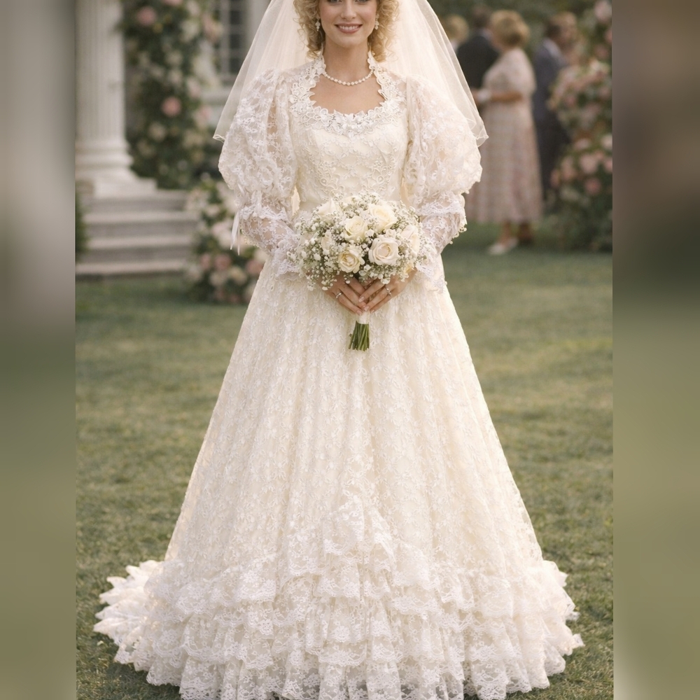 Bridallure Vintage 1980s Ivory Lace Southern Bell Wedding Dress sz 12